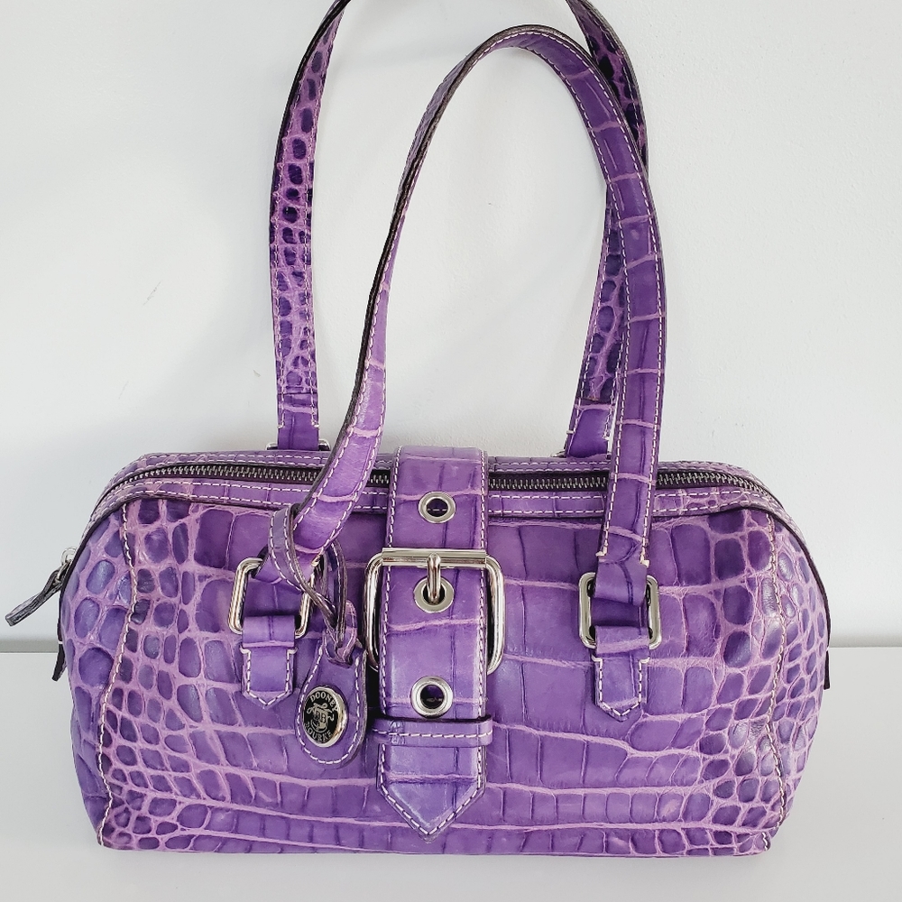 Dooney & Bourke Nile Collection Bowler Croc Leather Embossed Barrel Bowling Bag - Picture 7 of 15